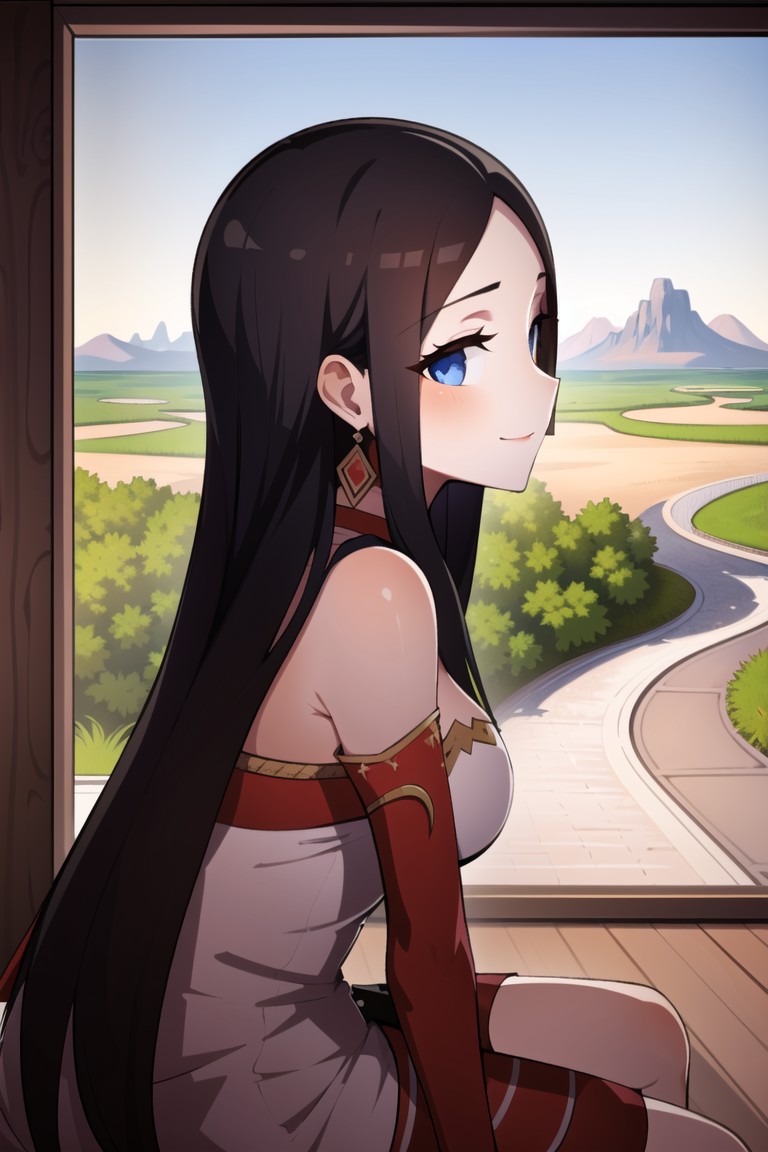 23024-3635805703-1girl,solo, detailed eyes, perfect face, Seated pose, three-quarter view, slight turn towards viewer, distant landscape back.png